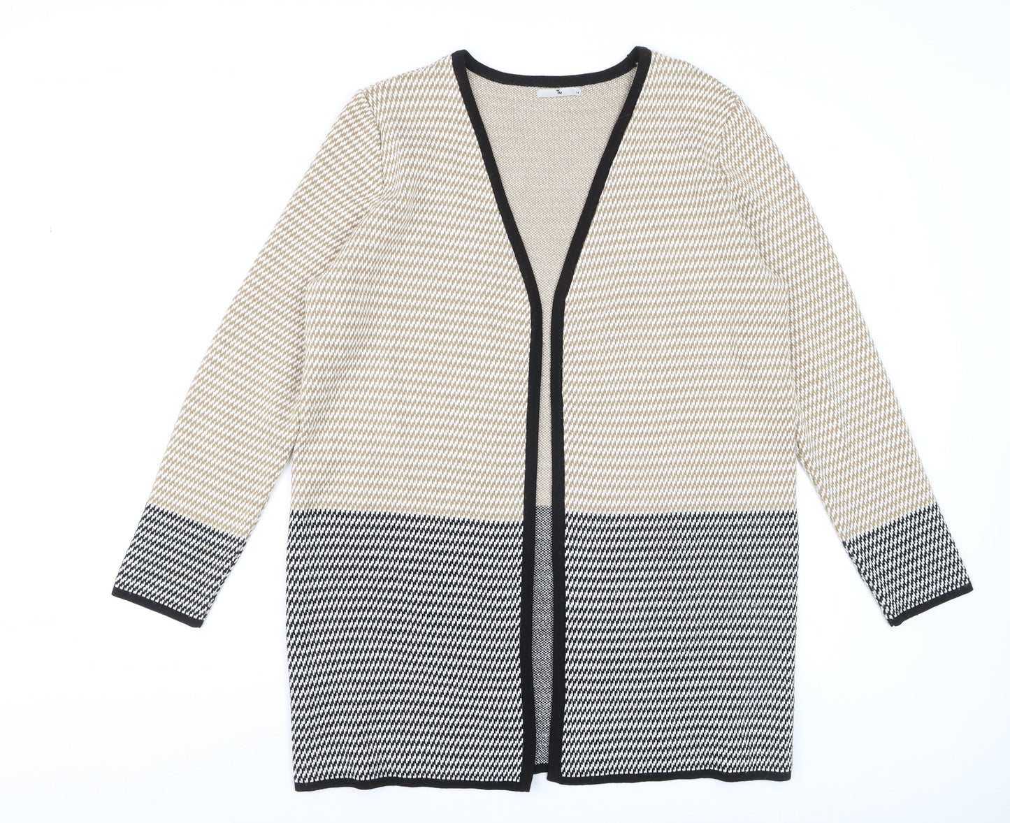 Tu Women’s Beige Black Cardigan Size 14 Knit Long Sleeve Open Front