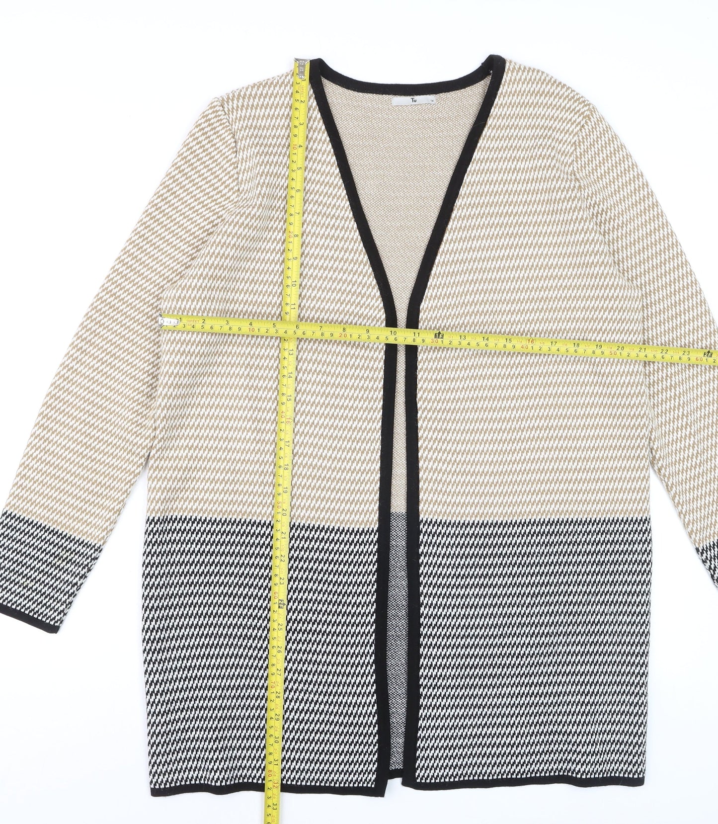 Tu Women’s Beige Black Cardigan Size 14 Knit Long Sleeve Open Front