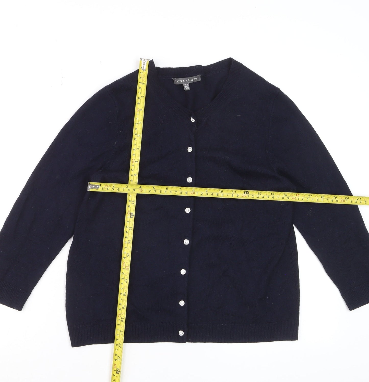 Laura Ashley Women's Blue Wool Blend Crew Neck Cardigan UK 12