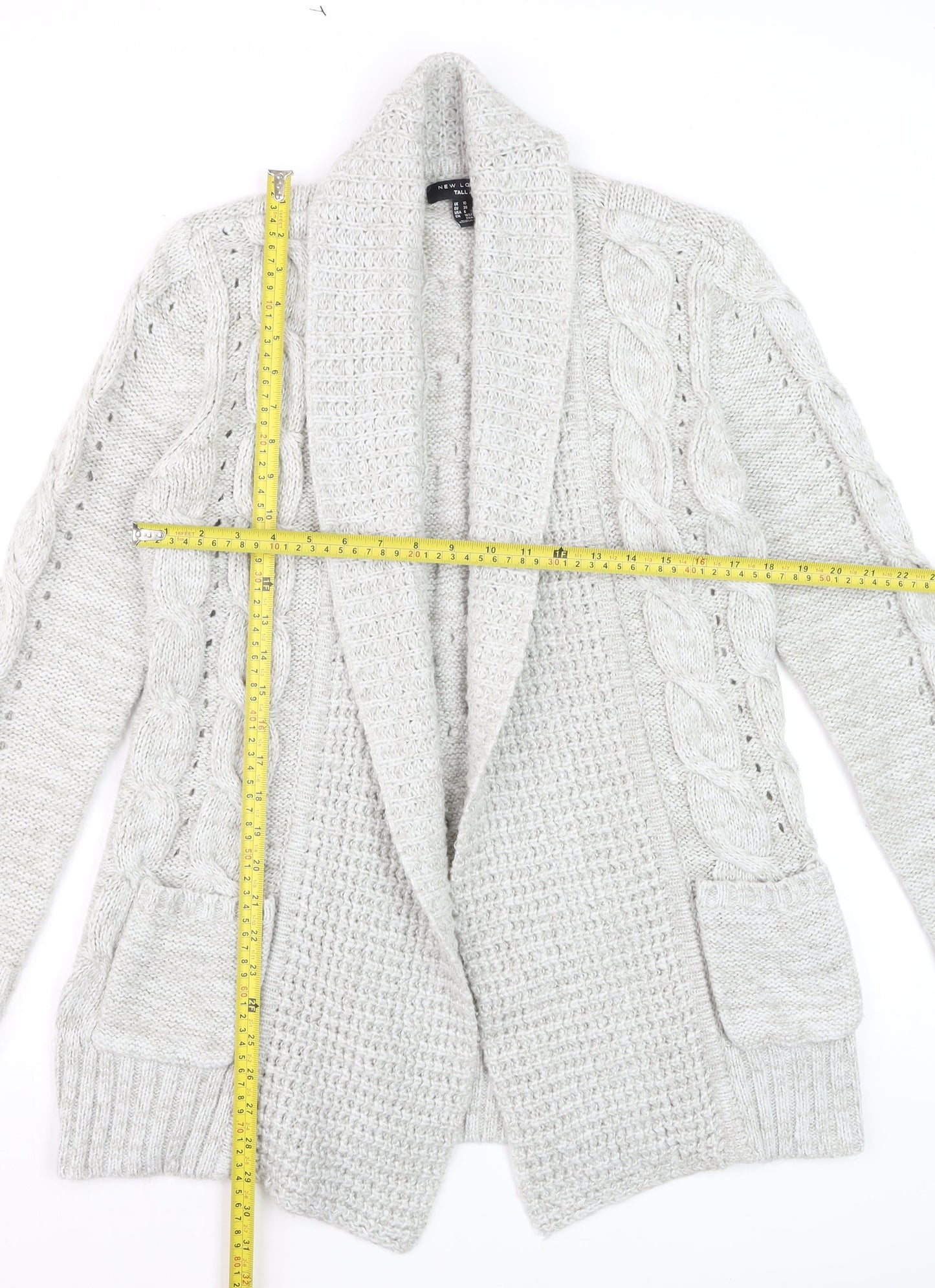 New Look Women’s Grey Tall Cable Knit Open Cardigan Size 10