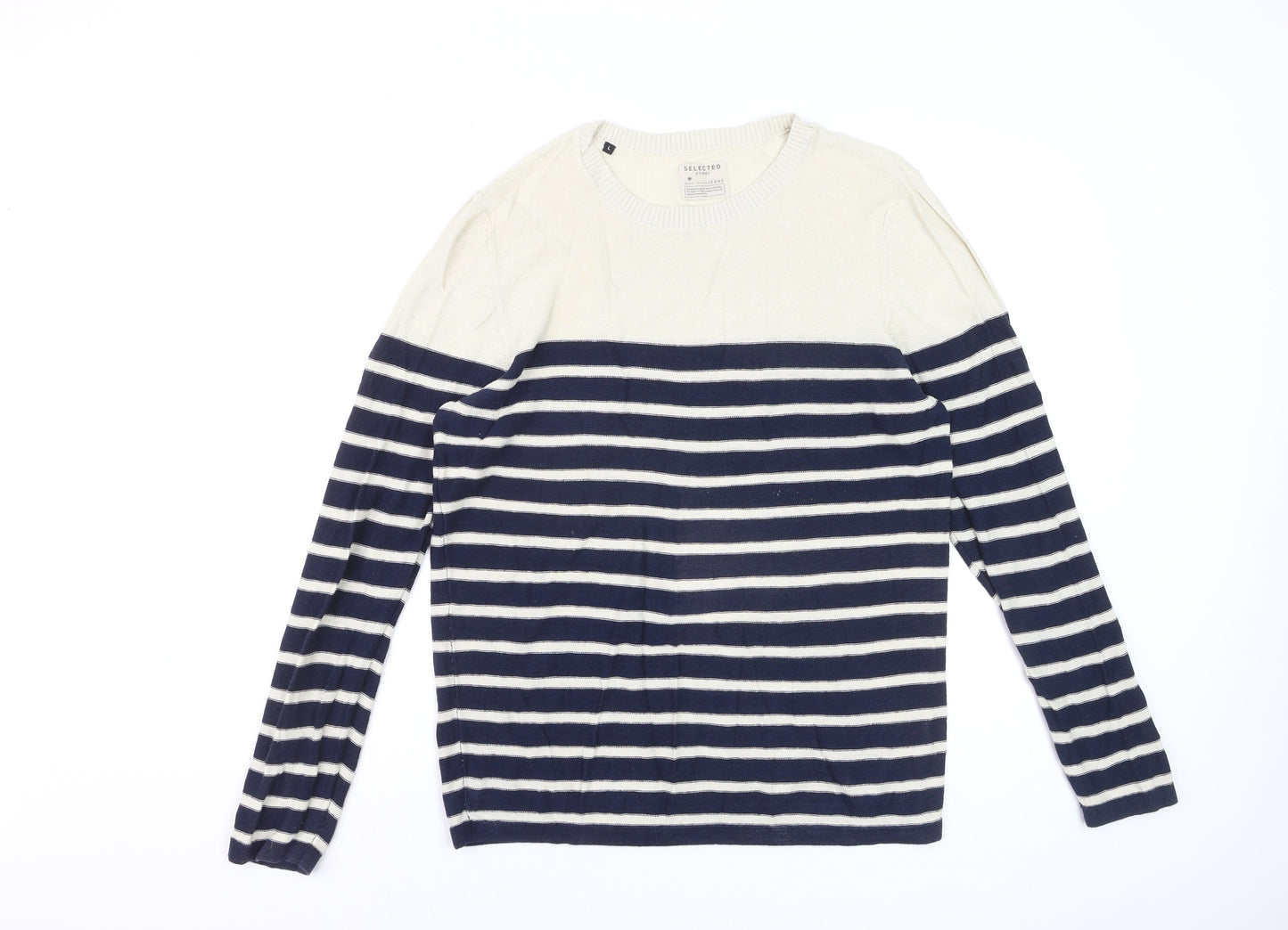 Selected Homme Men's Blue Striped Linen Cotton Crew Neck Jumper Size L