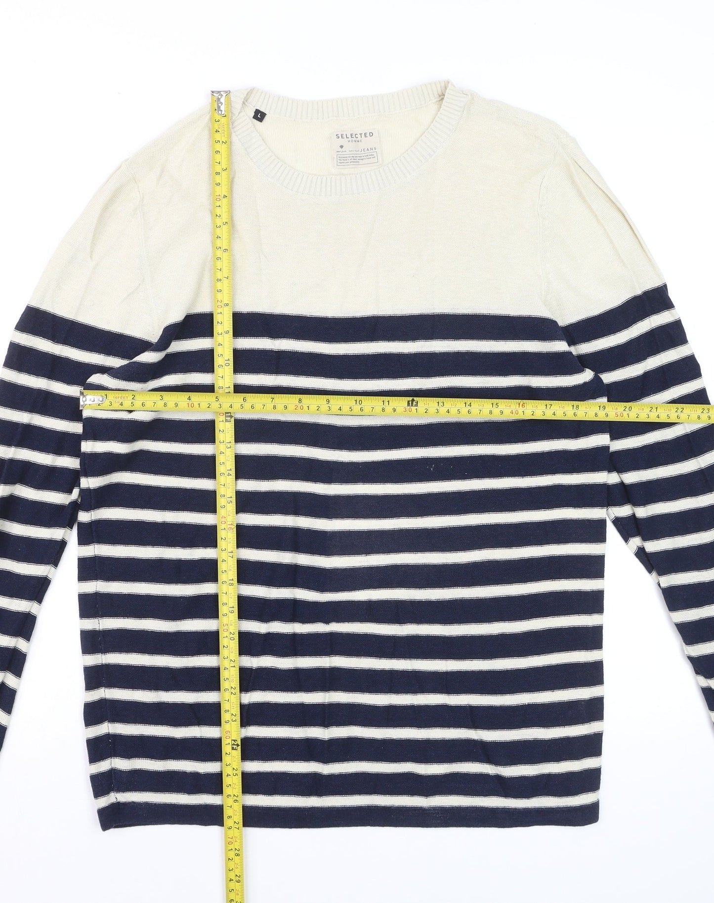 Selected Homme Men's Blue Striped Linen Cotton Crew Neck Jumper Size L
