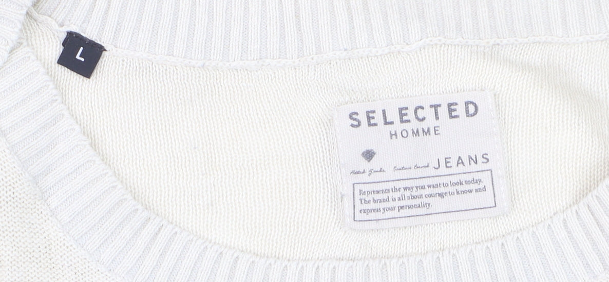 Selected Homme Men's Blue Striped Linen Cotton Crew Neck Jumper Size L