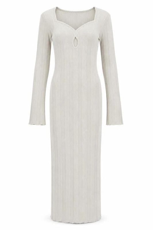 Pretty Lavish Women Beige Ribbed Knit Bodycon Midi Dress S