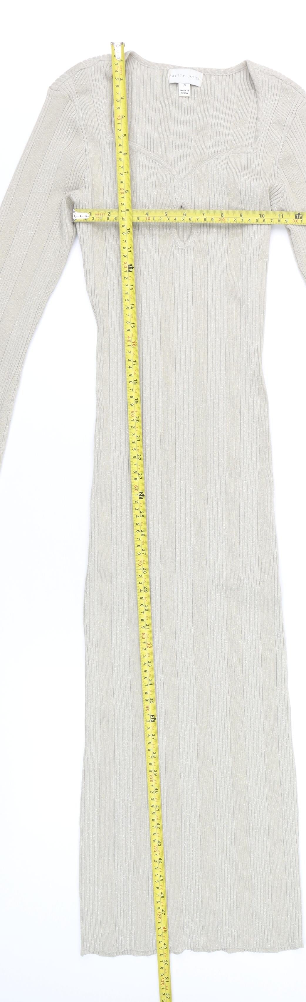 Pretty Lavish Women Beige Ribbed Knit Bodycon Midi Dress S