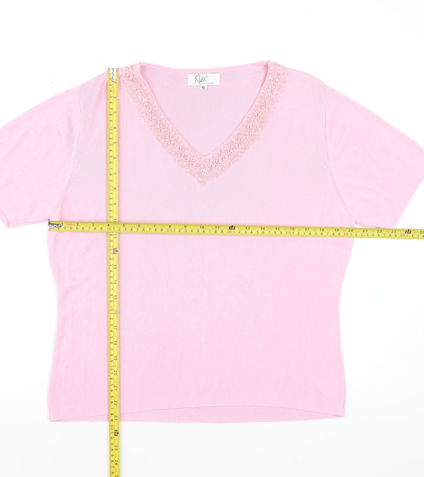 Klass Women Pink V-Neck Embroidered Short Sleeve Knit Top XL