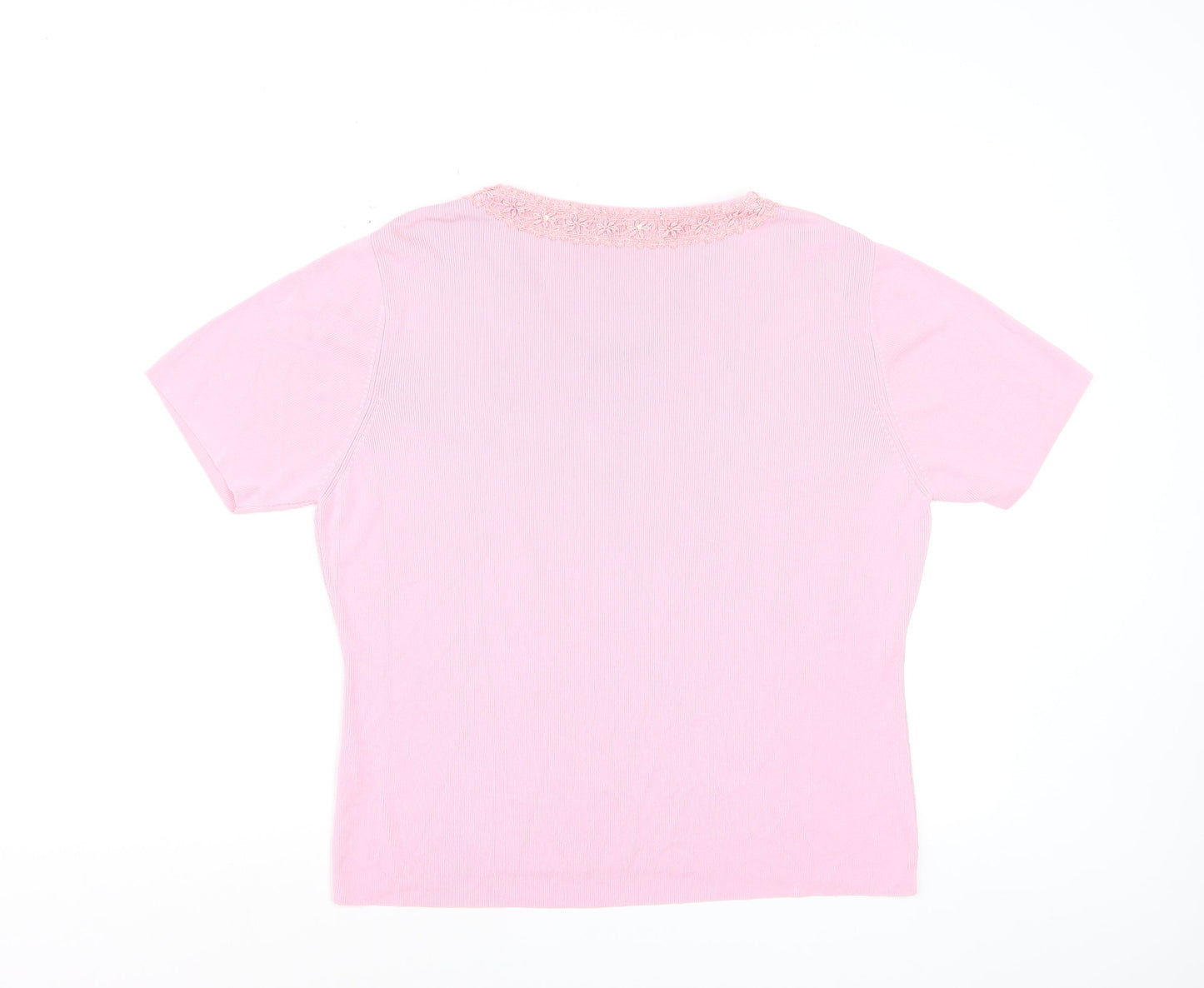 Klass Women Pink V-Neck Embroidered Short Sleeve Knit Top XL
