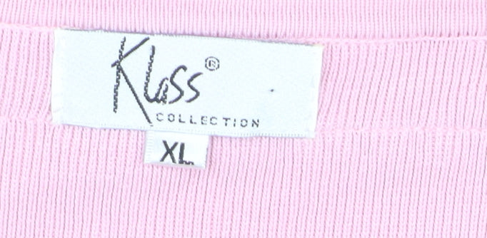 Klass Women Pink V-Neck Embroidered Short Sleeve Knit Top XL