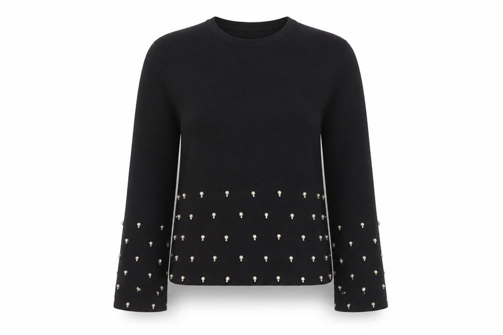 H&M Women Black Beaded Knit Jumper Size 14 Long Sleeve