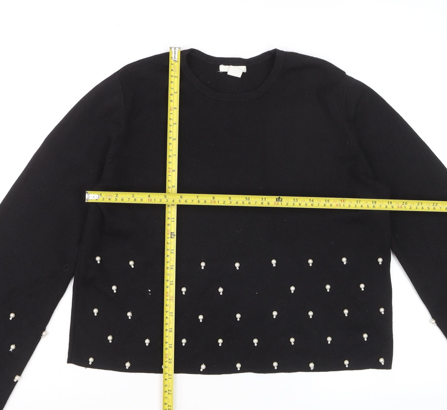 H&M Women Black Beaded Knit Jumper Size 14 Long Sleeve