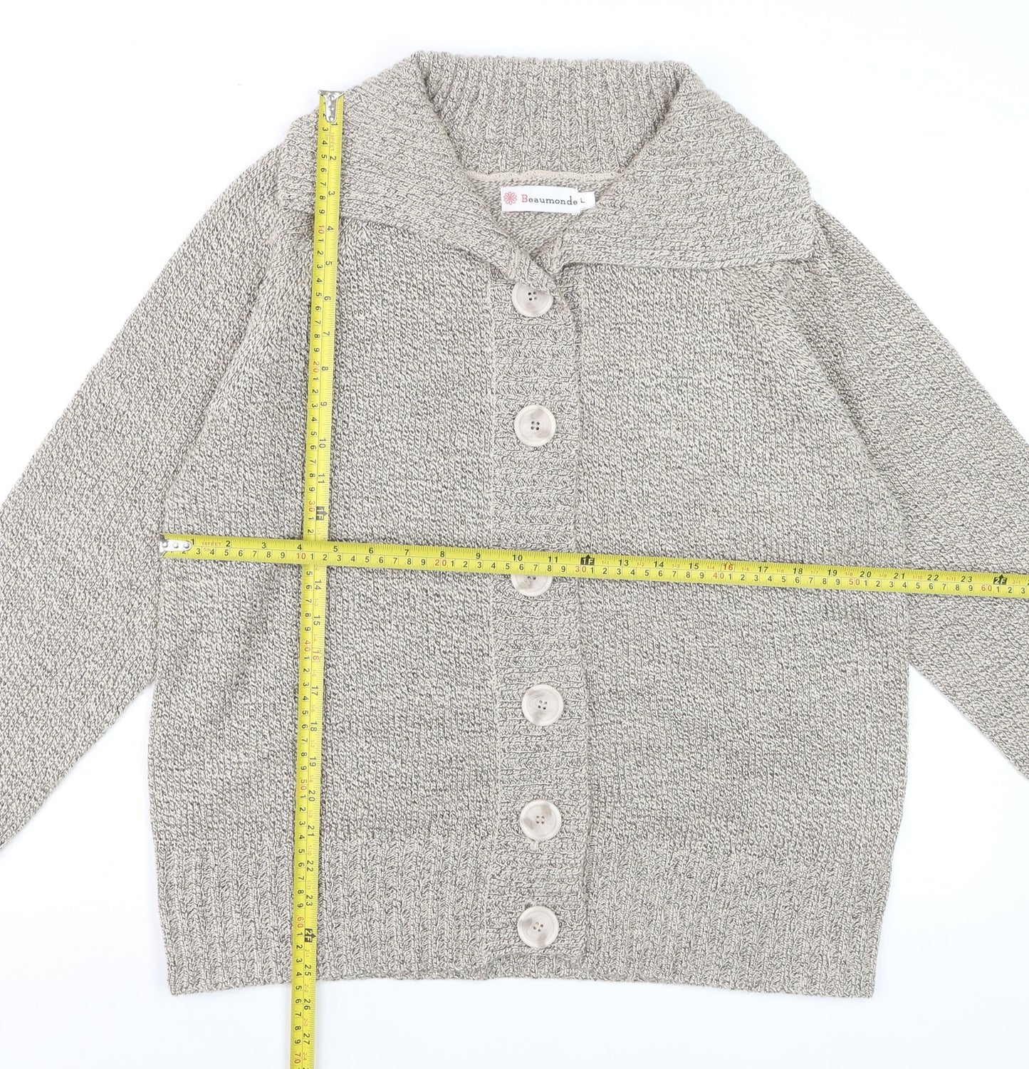 Beaumonde Women Beige Collared Chunky-Knit Cardigan L