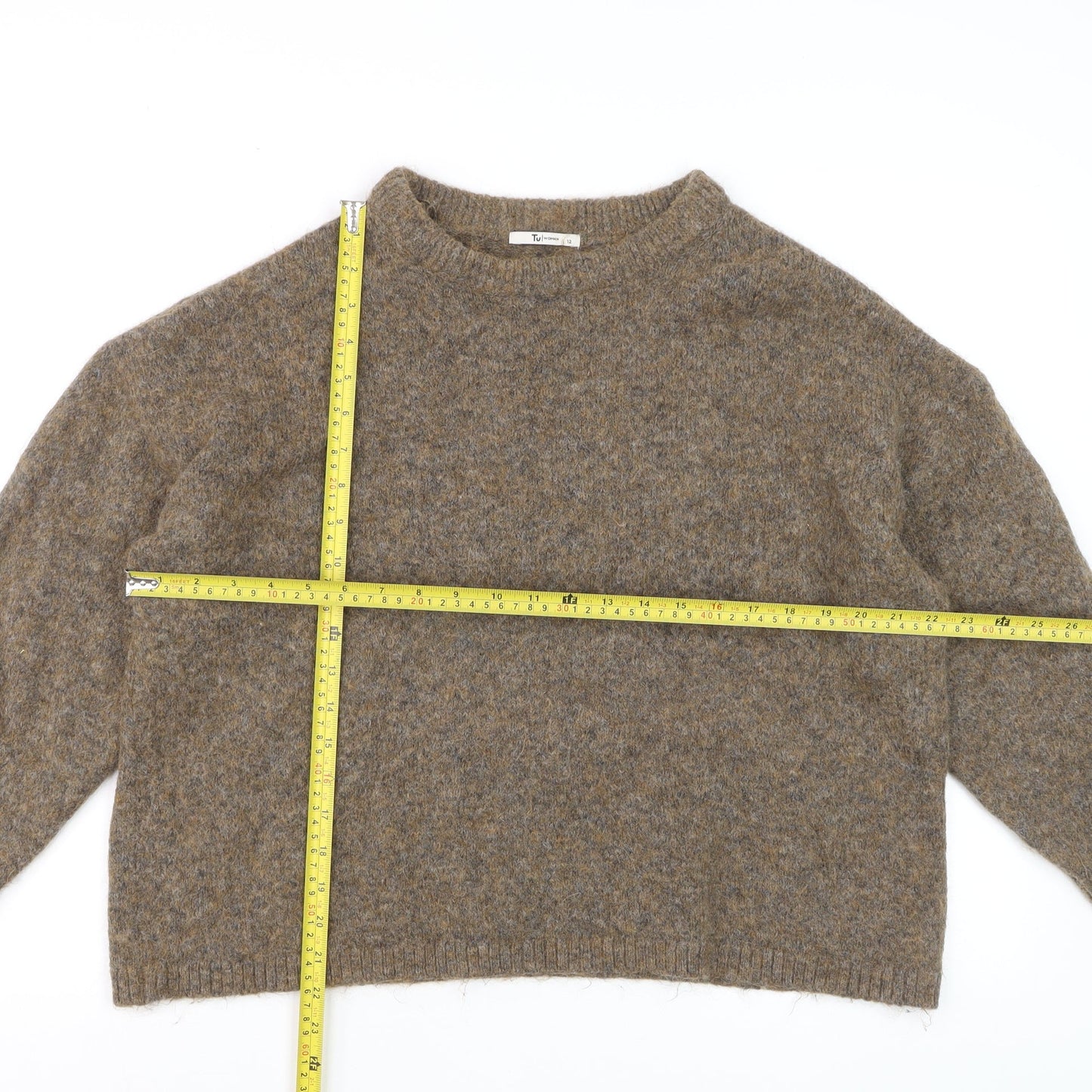 Tu Women Brown Wool Blend Crew Neck Jumper Size 12 Pullover
