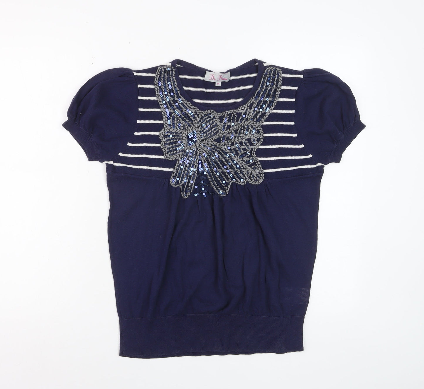 Be Beau Women’s Blue Striped Sequin Bow Short Sleeve Cotton Top Size 14