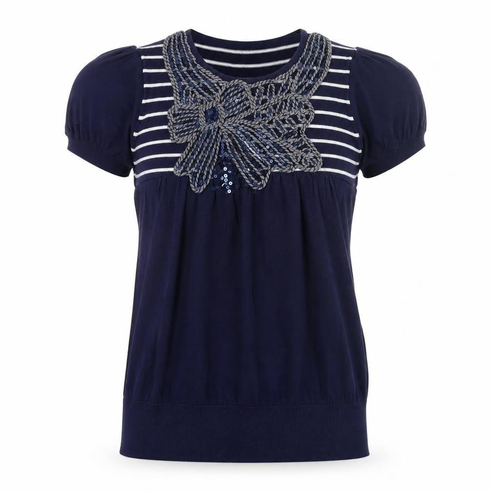 Be Beau Women’s Blue Striped Sequin Bow Short Sleeve Cotton Top Size 14