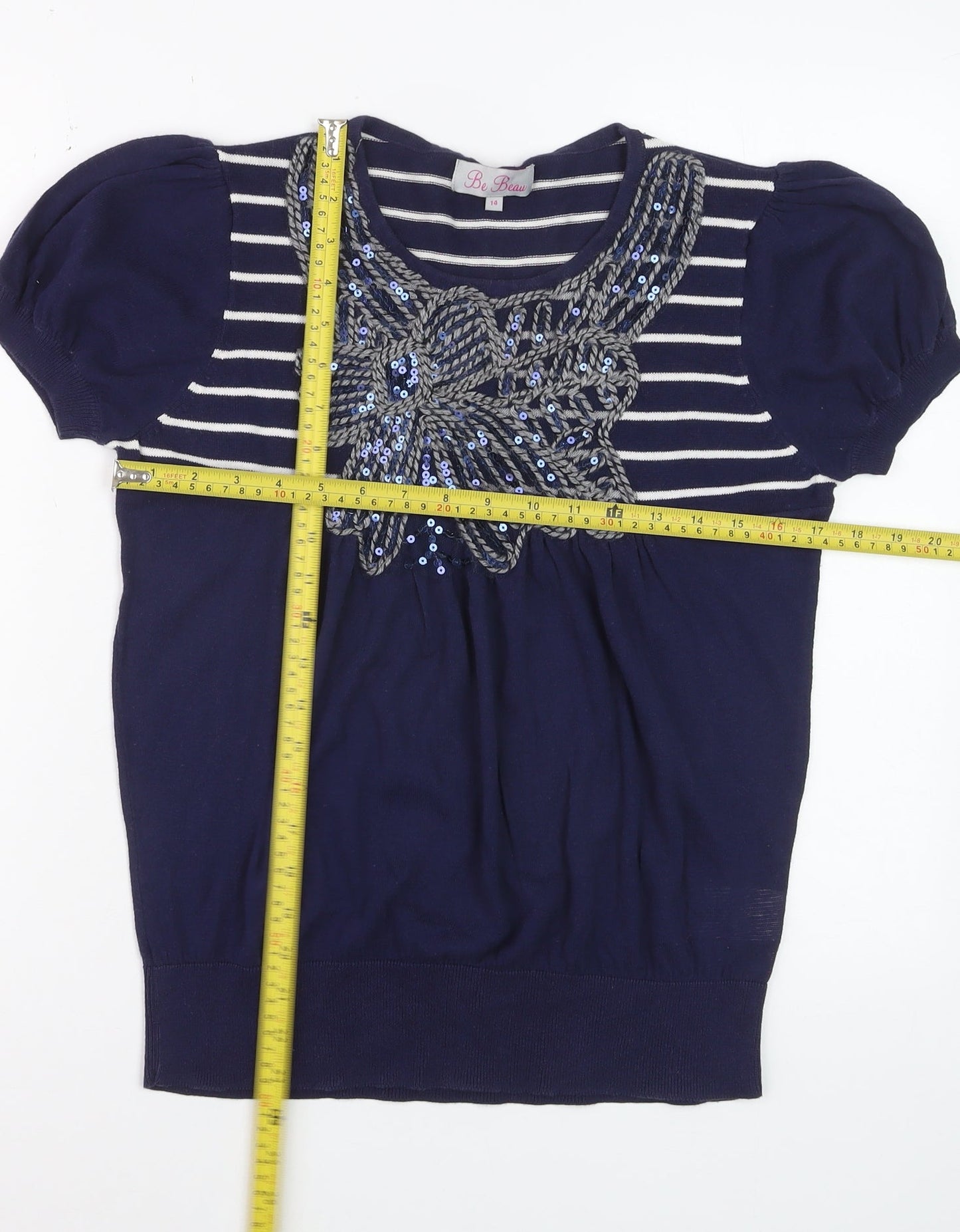 Be Beau Women’s Blue Striped Sequin Bow Short Sleeve Cotton Top Size 14