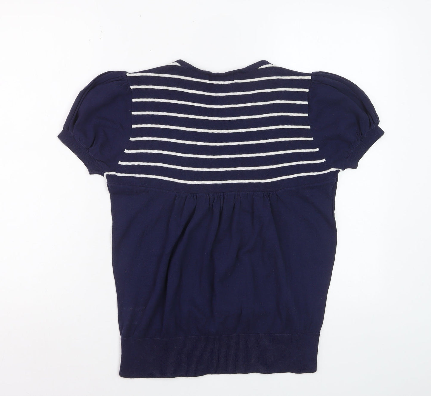Be Beau Women’s Blue Striped Sequin Bow Short Sleeve Cotton Top Size 14