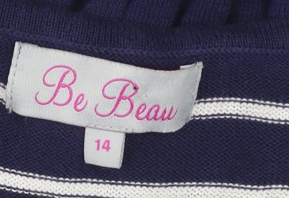 Be Beau Women’s Blue Striped Sequin Bow Short Sleeve Cotton Top Size 14