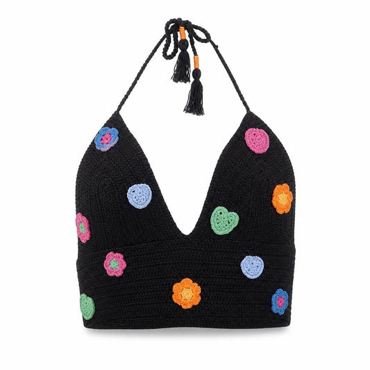 Urban Outfitters Womens Black Crochet Halter Flower Crop Top M