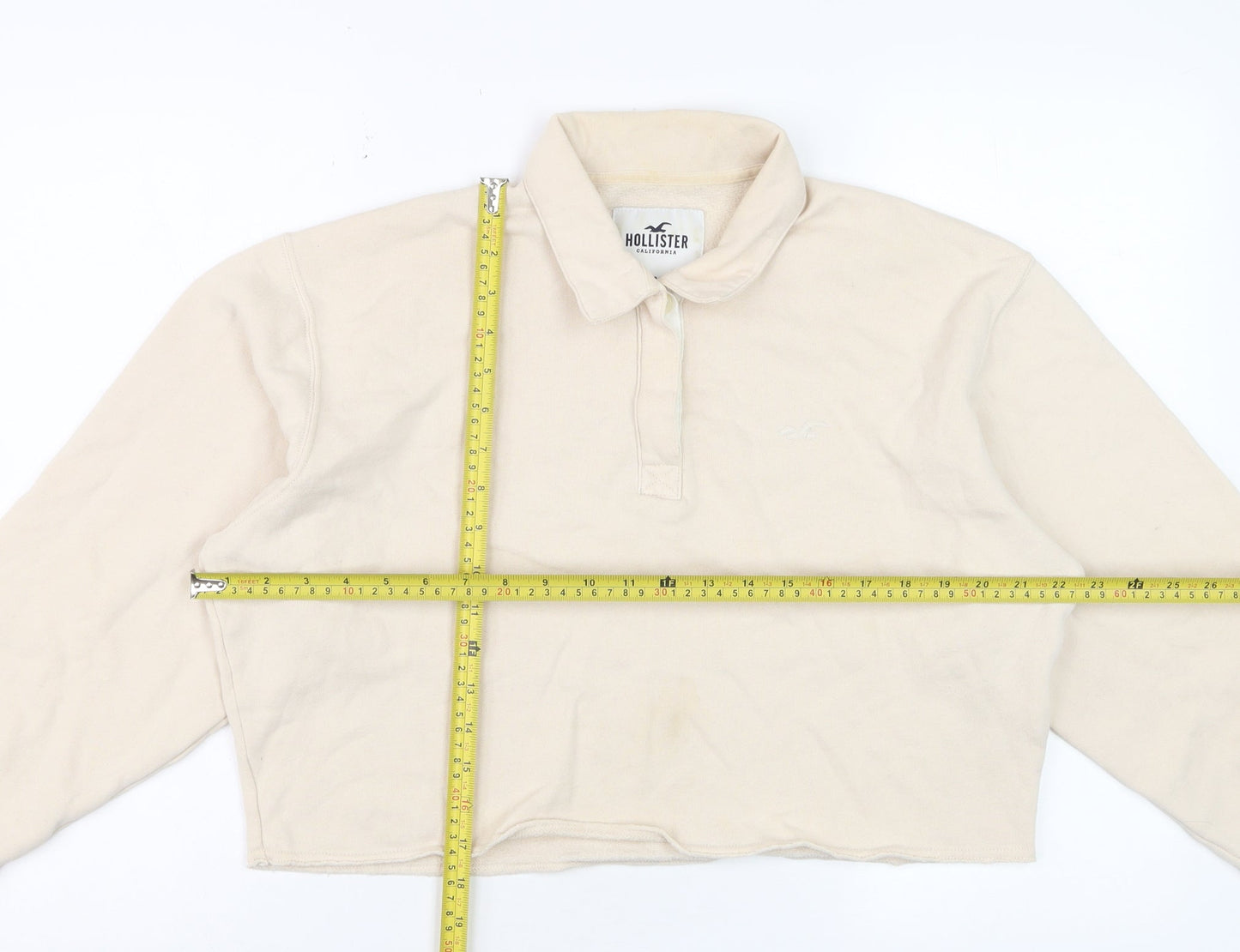 Hollister Women Beige Cropped Long Sleeve Polo Shirt S