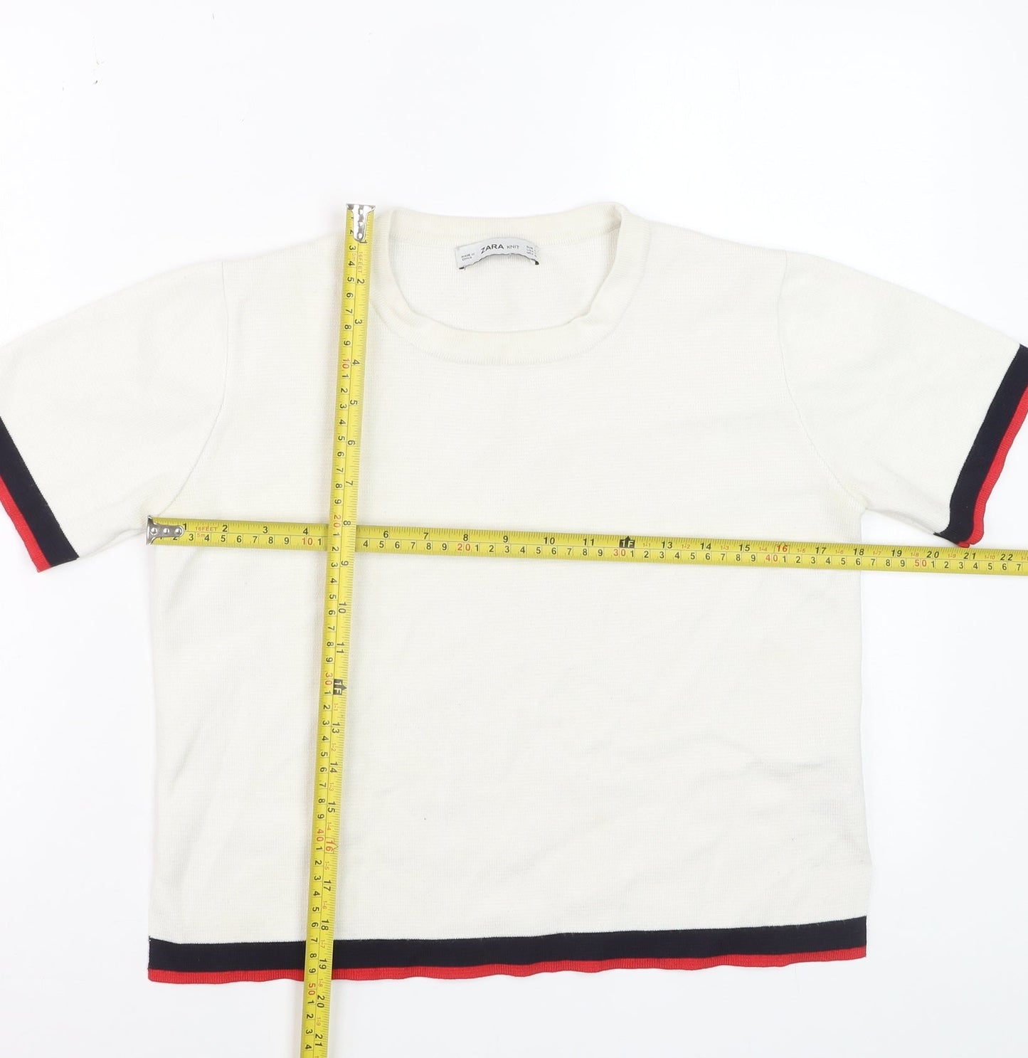 Zara Women Ivory Short Sleeve Knit T-Shirt Medium