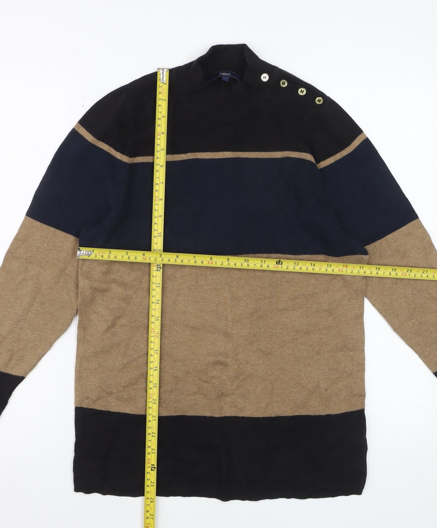 Next Women Black Blue Beige Striped Jumper Size 18 Button Detail