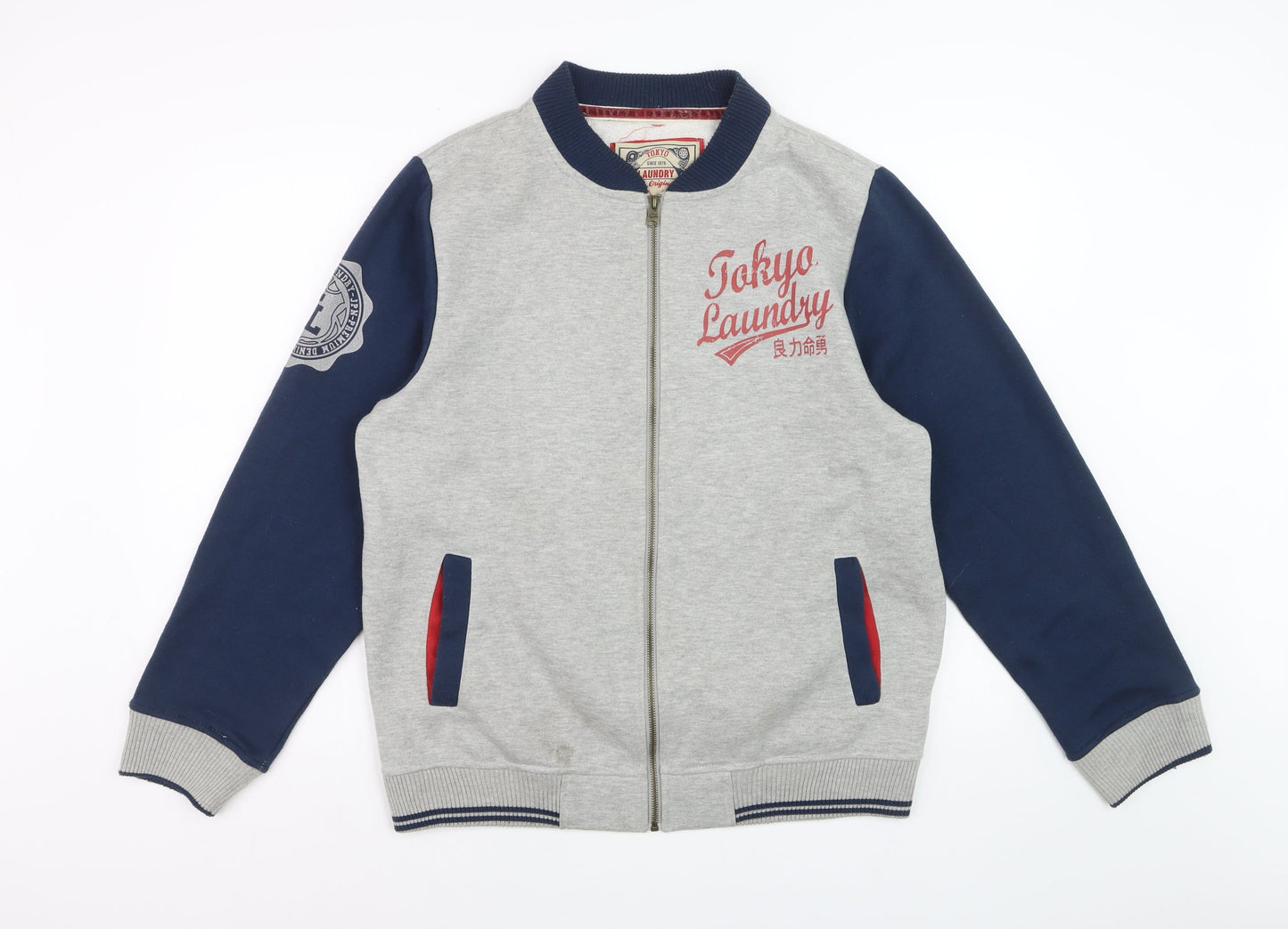 Tokyo Laundry Men's Grey & Navy Bomber Jacket Large Cotton Blend Zip Up