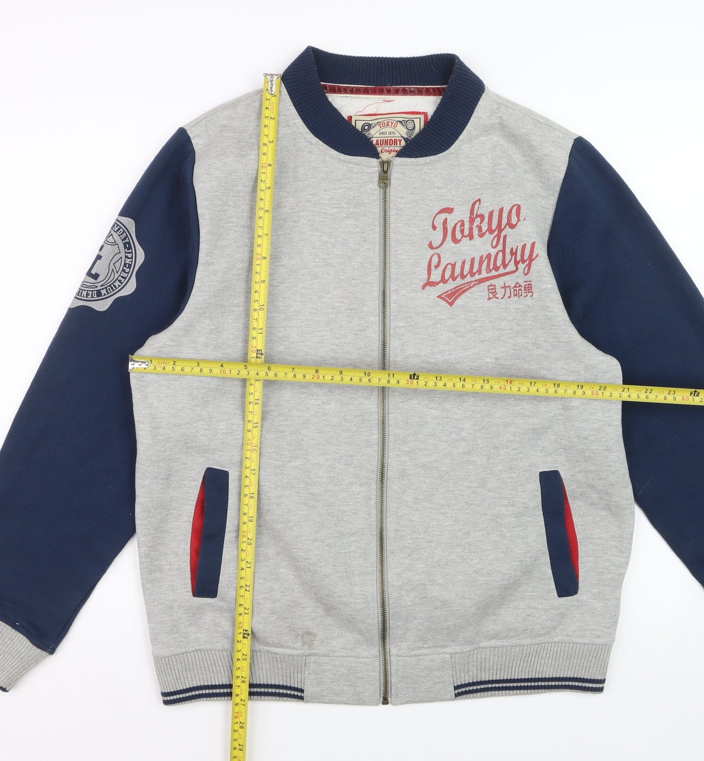 Tokyo Laundry Men's Grey & Navy Bomber Jacket Large Cotton Blend Zip Up