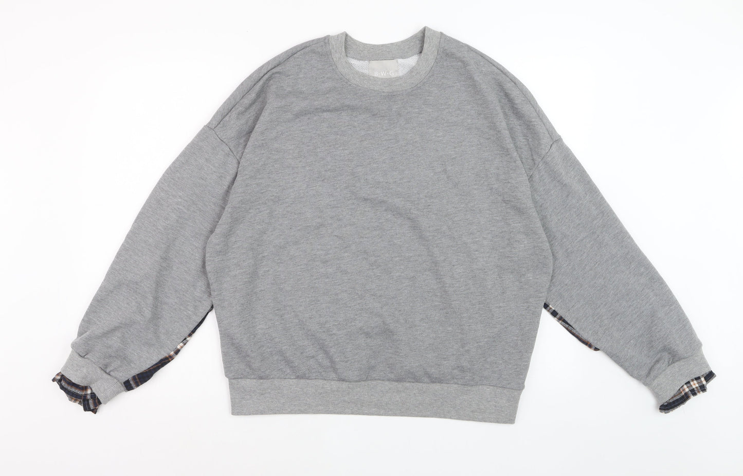 BWG Women Grey Plaid Sleeve Pullover Sweatshirt L Casual Style