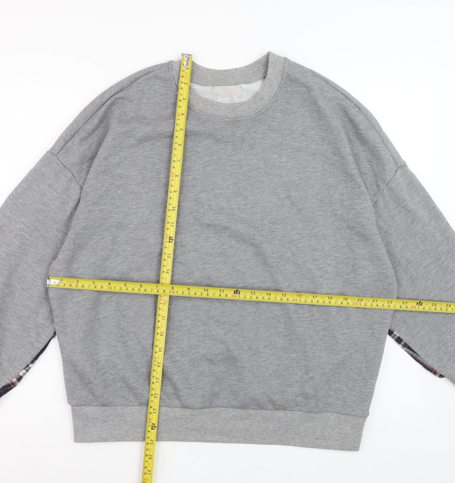 BWG Women Grey Plaid Sleeve Pullover Sweatshirt L Casual Style