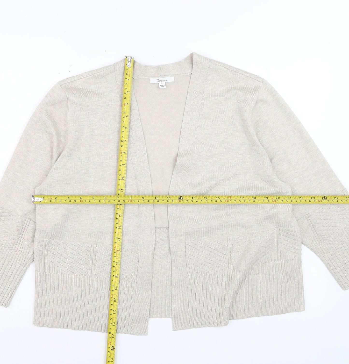 89th + Madison Women Beige Knit Cardigan Size L V-Neck Long Sleeve