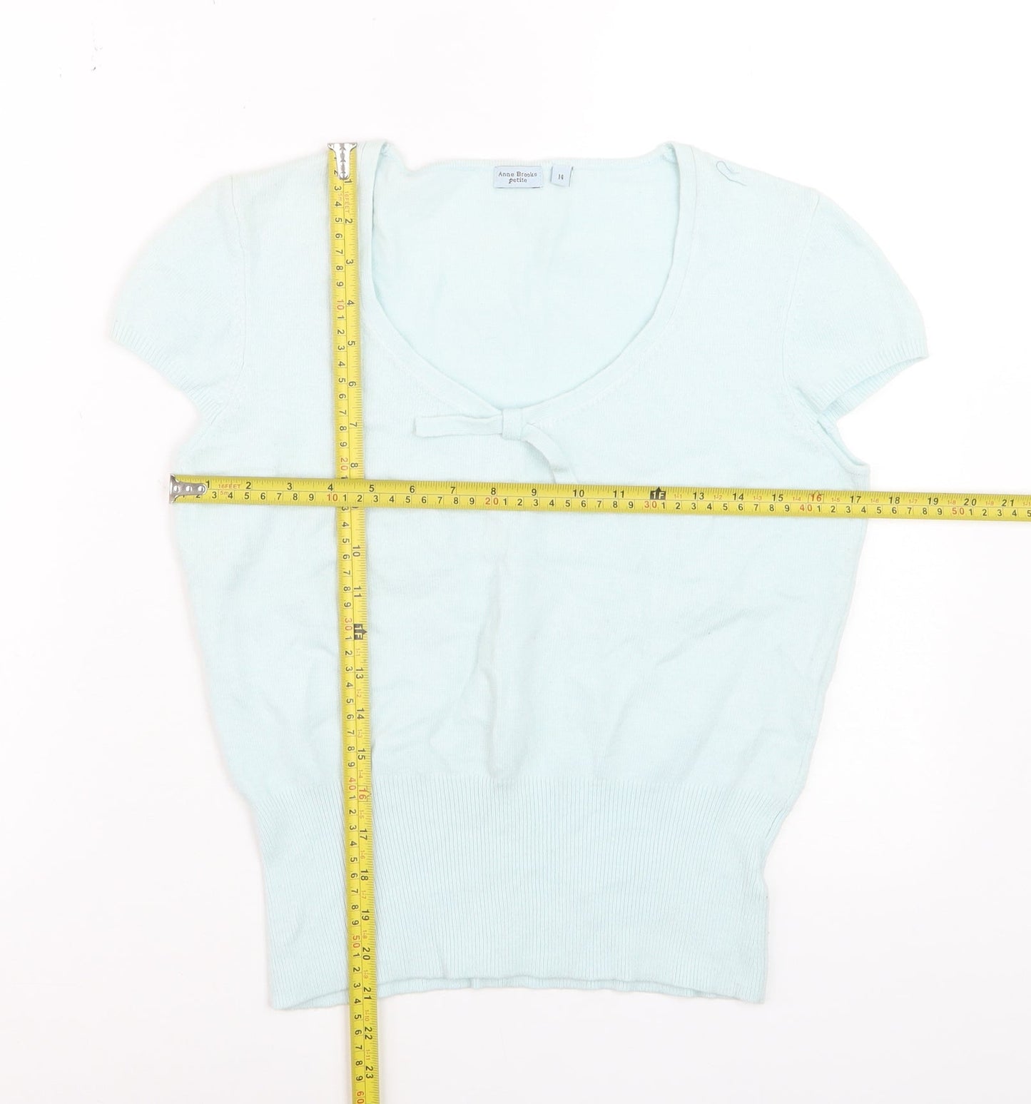 Anne Brooks Petite Women's Blue Short Sleeve Bow Knit Jumper Size 14