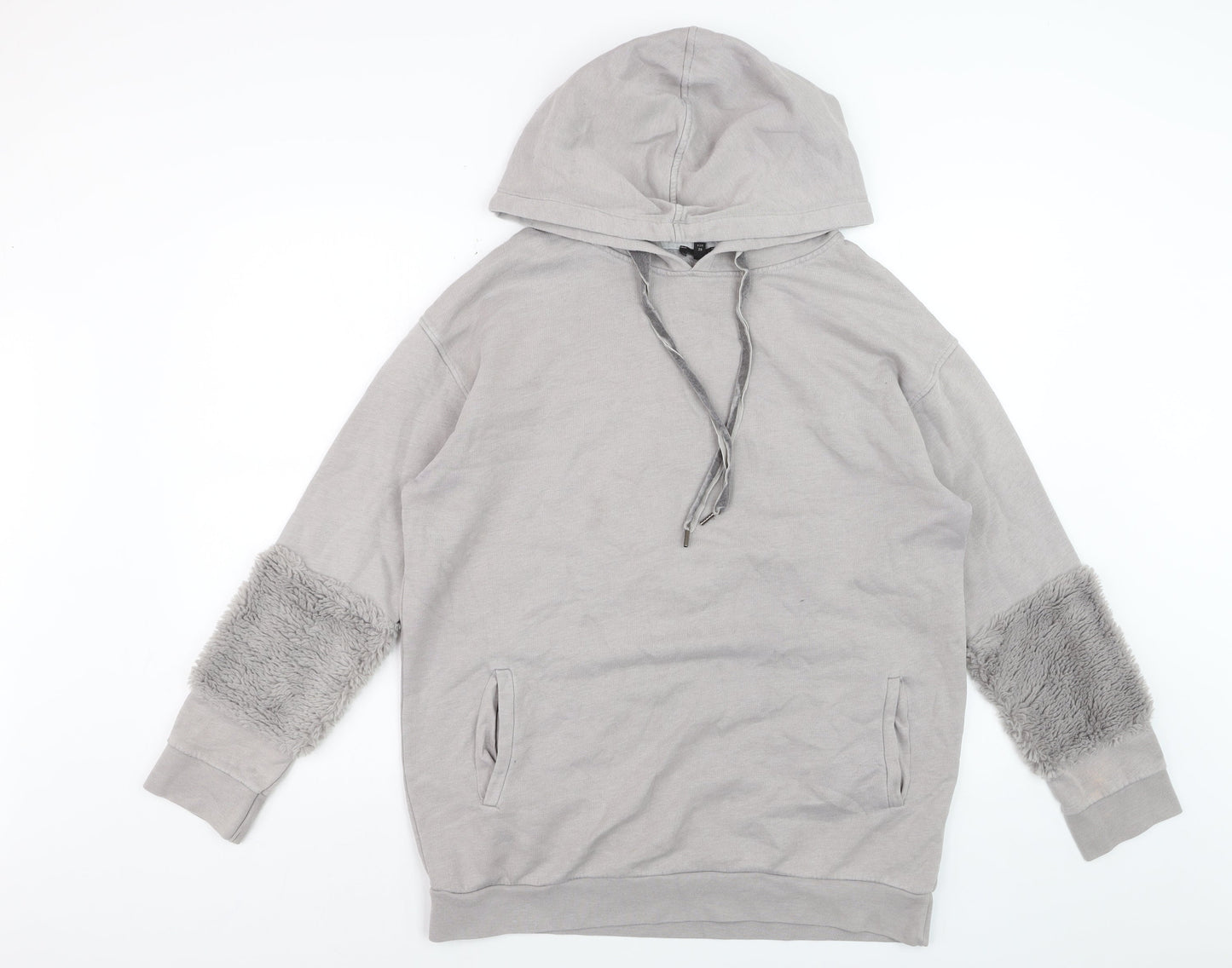 River Island Womens Grey Fur Trim Hoodie UK 12 Pullover Cotton Blend