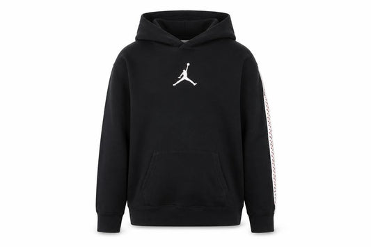 Front view of Jordan boys’ black pullover hoodie, size 12-13, years jumpman logo sweatshirt