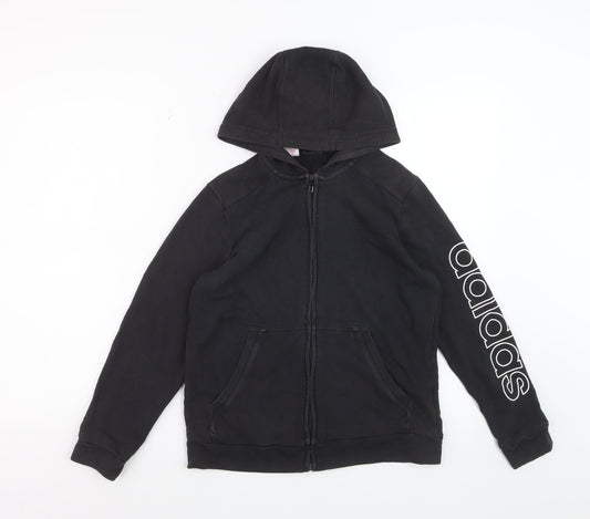 Adidas Boys Black Full Zip Hoodie Size M Cotton Blend Graphic Logo