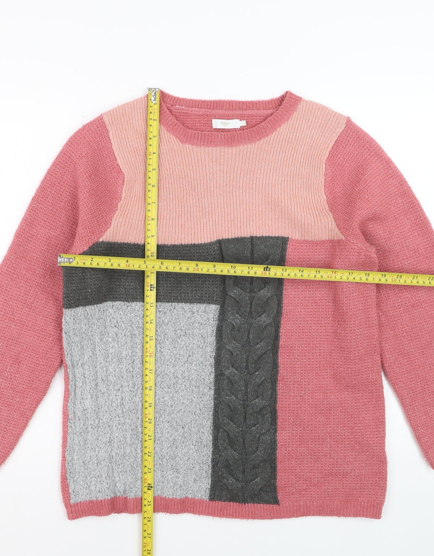Cotton Traders Women Pink Colour Block Knit Jumper Size 14