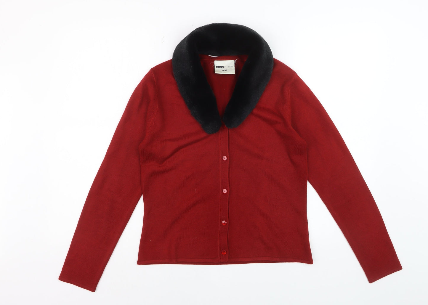 Sass Woman Red Collared Faux Fur Trim Cardigan 10-12 Women’s Knitwear