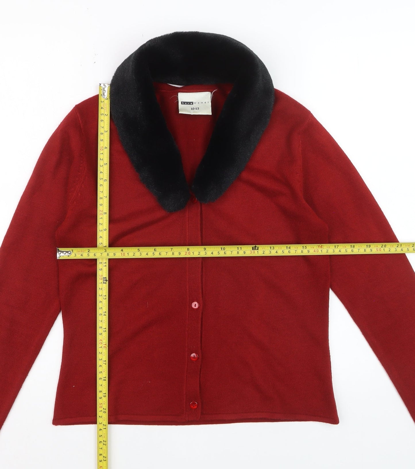 Sass Woman Red Collared Faux Fur Trim Cardigan 10-12 Women’s Knitwear
