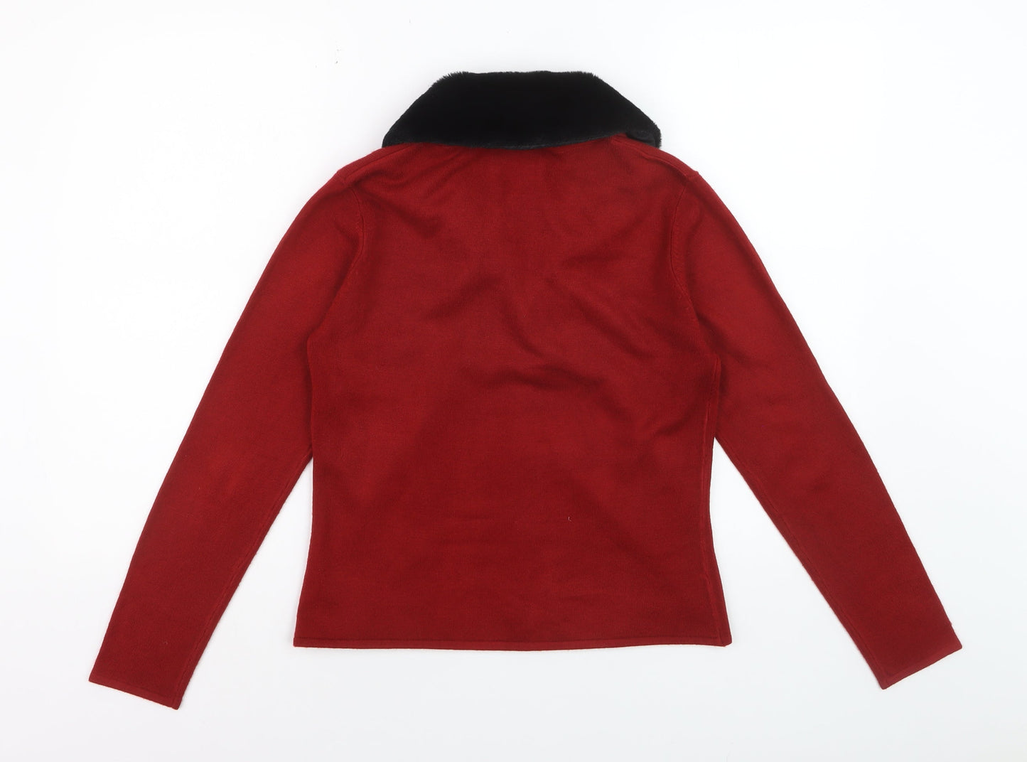 Sass Woman Red Collared Faux Fur Trim Cardigan 10-12 Women’s Knitwear