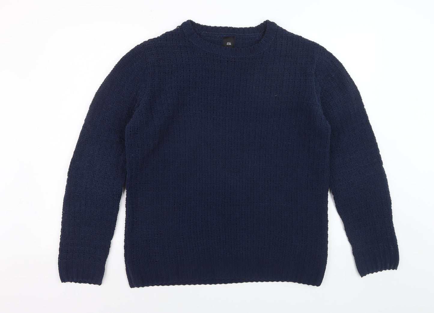 River Island Mens Blue Waffle-Knit Crew Neck Jumper Size S