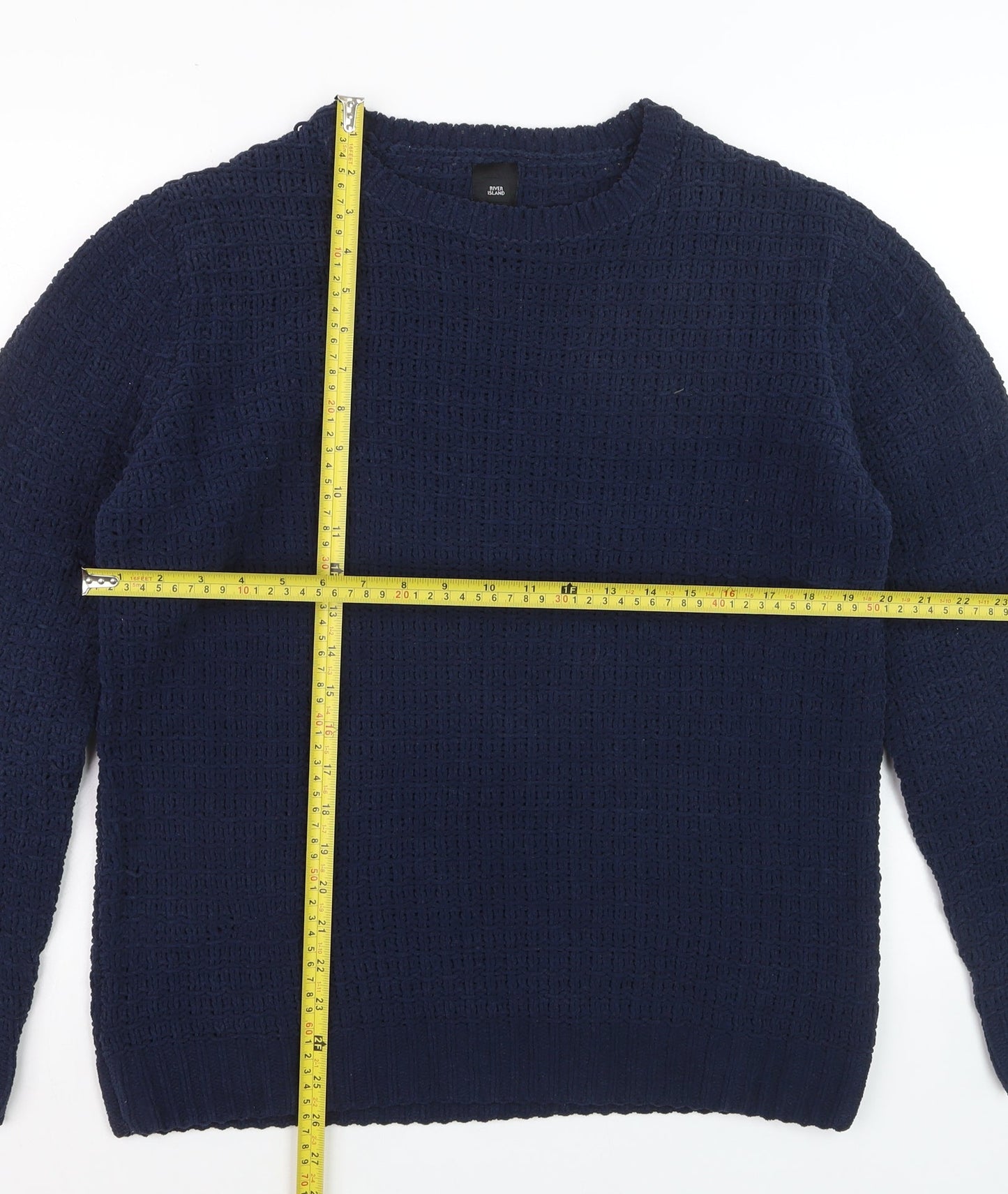 River Island Mens Blue Waffle-Knit Crew Neck Jumper Size S