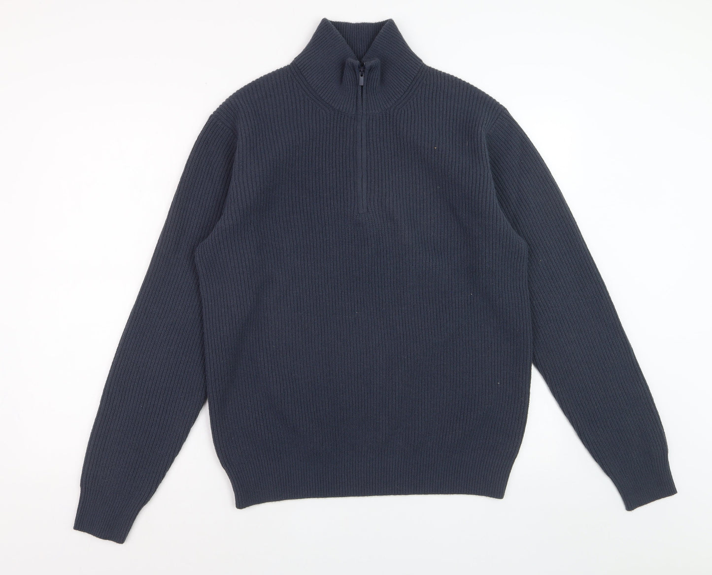 Uniqlo Men's Blue M 1/4 Zip High Neck Rib-Knit Jumper