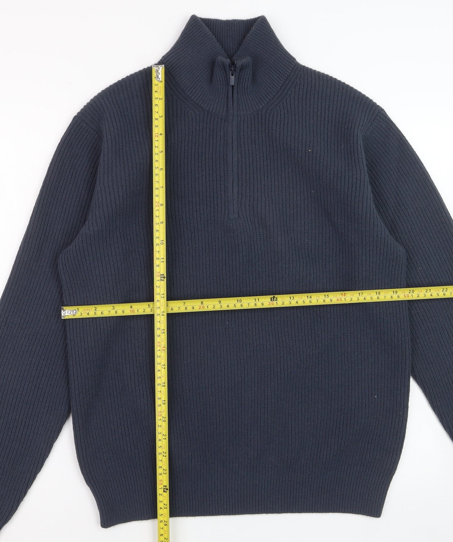 Uniqlo Men's Blue M 1/4 Zip High Neck Rib-Knit Jumper
