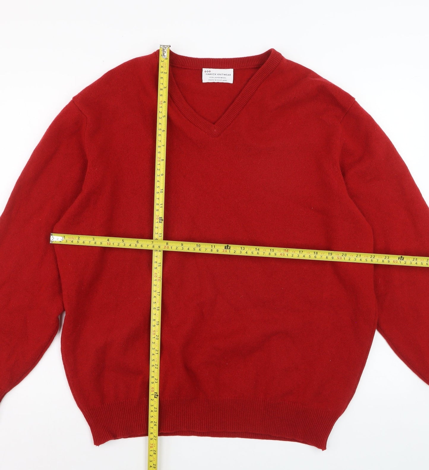 Hawick Knitwear Men's Red V-Neck Lambswool Jumper XL