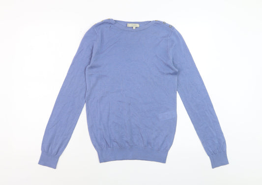 Hobbs Women's Blue Wool Crew Neck Button Shoulder Jumper Size S