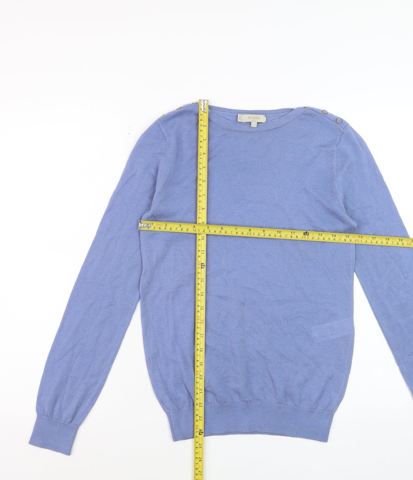 Hobbs Women's Blue Wool Crew Neck Button Shoulder Jumper Size S