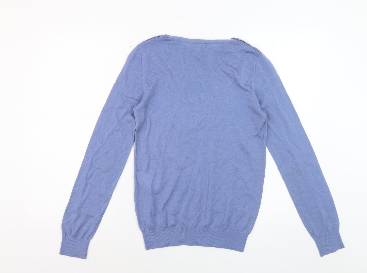 Hobbs Women's Blue Wool Crew Neck Button Shoulder Jumper Size S