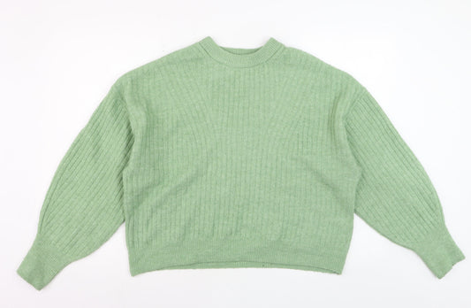 H&M Women’s Green Ribbed Knit Crew Neck Pullover Jumper Size M