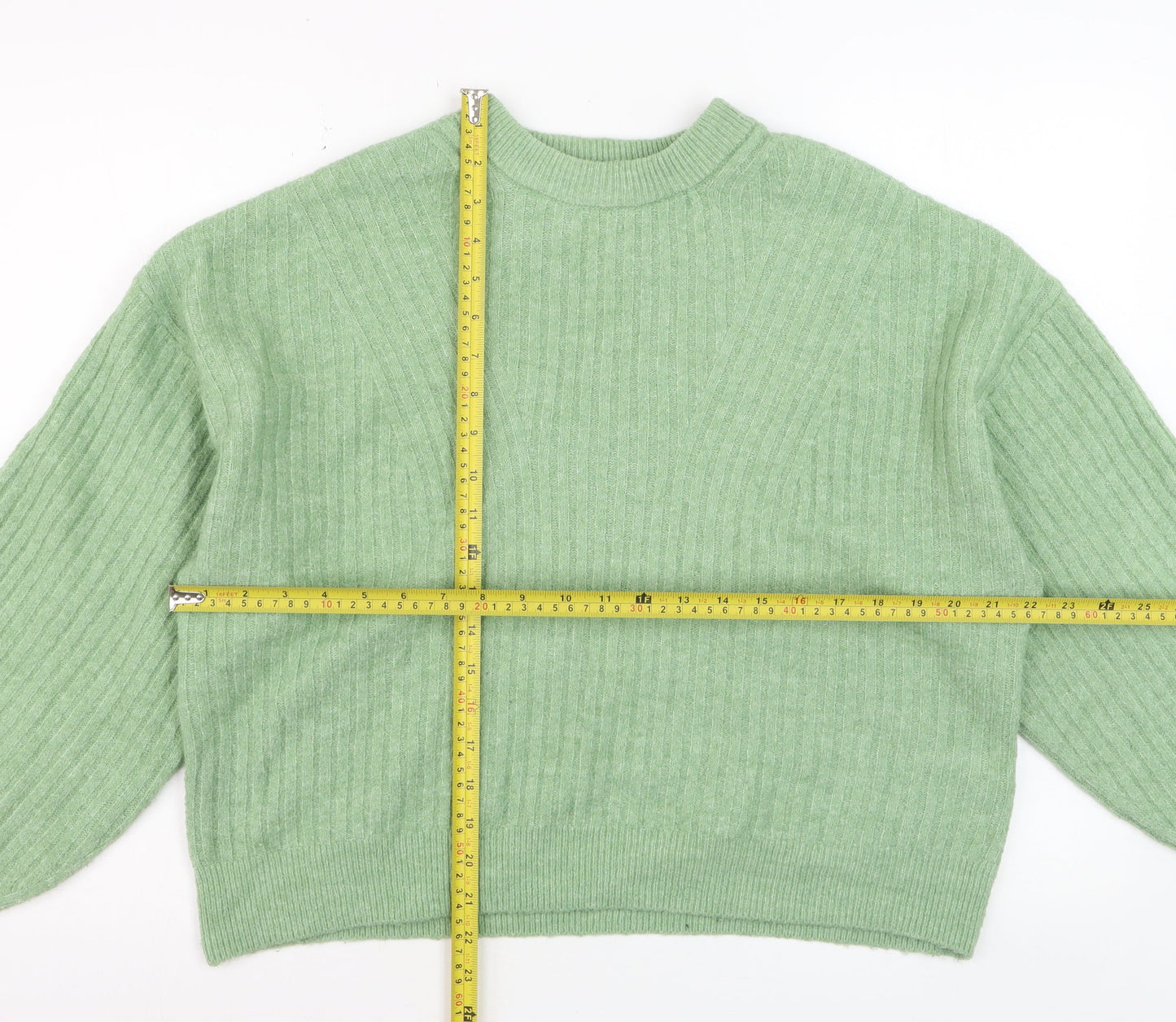 H&M Women’s Green Ribbed Knit Crew Neck Pullover Jumper Size M