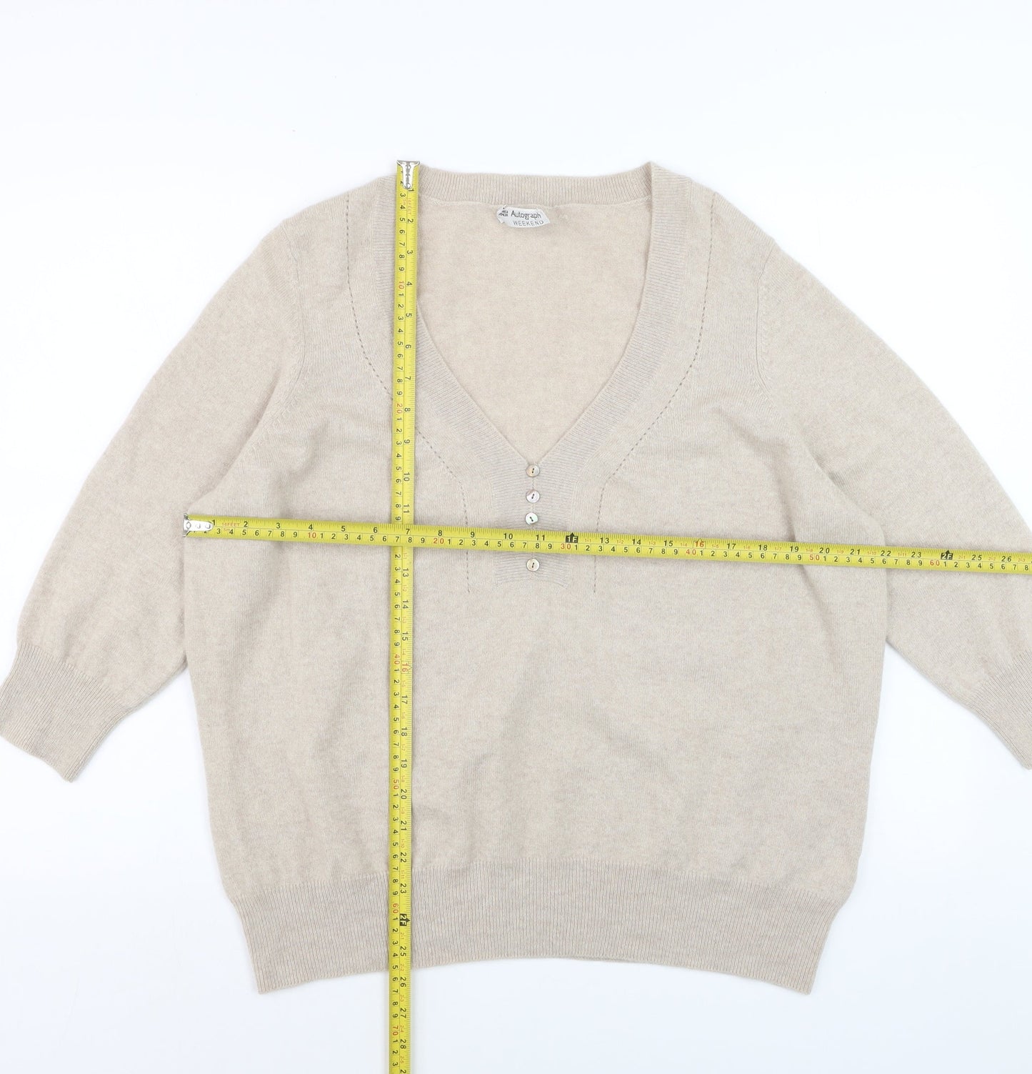 Marks and Spencer Women Beige 100% Cashmere V-Neck Jumper Size 22