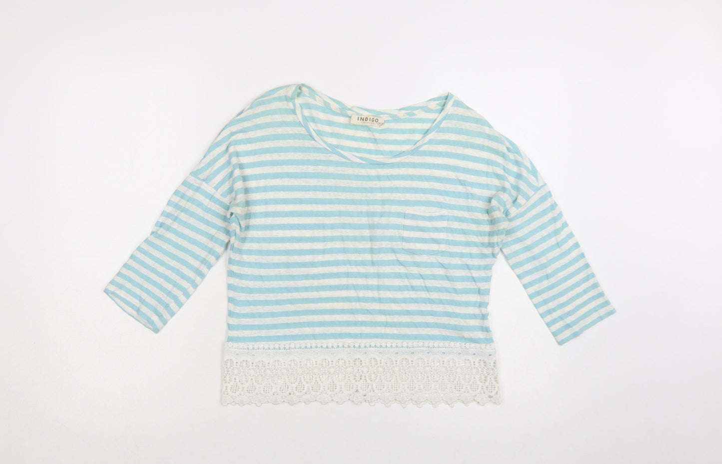 Marks and Spencer Womens Blue Striped Cropped 3/4 Sleeve Cotton Linen Top UK 8